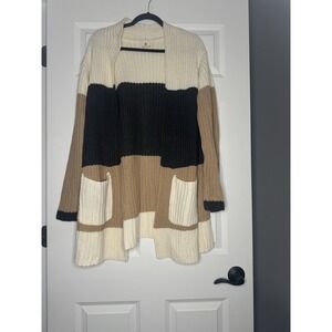 Betseys Boutique Shop Long Color Block Knit Open Front Cardigan Sweater Xl